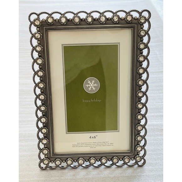 Kohl’s Pewter Picture Frame 4"x6" Clear Rhinestones Happy Holiday Free Standing - Picture 1 of 9